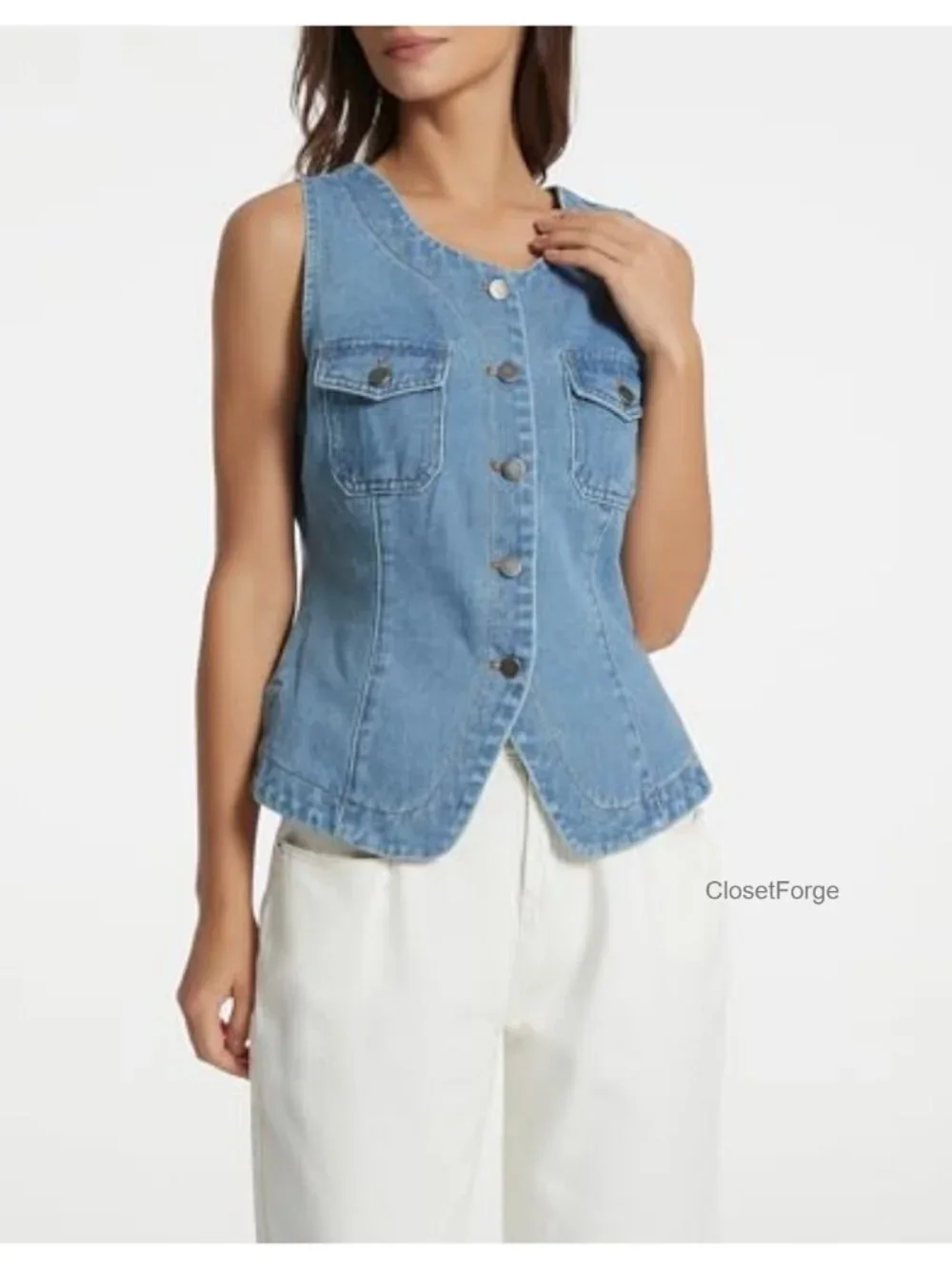 Women's Sleeveless Denim Vest Button Down Crewneck Casual Summer Western